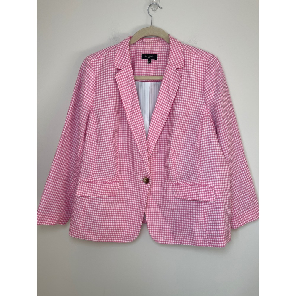 Talbots Plus Pink Gingham Linen Blend Blazer Jacket 22W Single Button Preppy